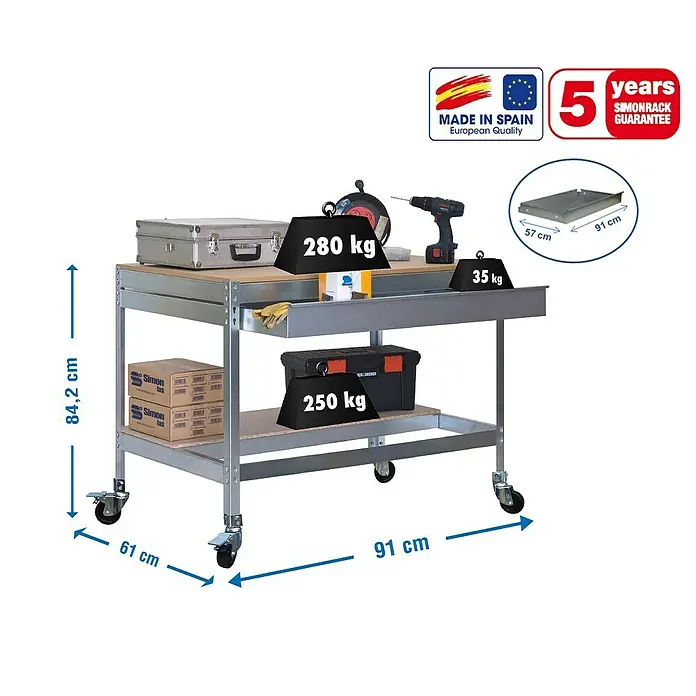 Simonrack Simonwork Banco de trabajo BT0 Box Mobile - L x An: 61 x 91 cm, Altura de trabajo: 91,7 cm, Carga soportada: 120 kg, Galvanizado - Banco de trabajo resistente de SIMONRACK, ideal para talleres. Construcción robusta, alta capacidad de carga y uso flexible gracias a las ruedas.