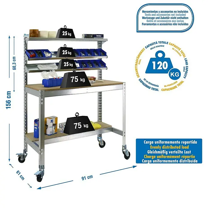 Simonrack Simonwork Banco de trabajo BT1 Mobile - L x An: 61 x 91 cm, Altura de trabajo: 152 cm, Carga soportada: 120 kg, Galvanizado - Imagen del producto de un banco de trabajo con una capacidad de carga de 120 kg y dimensiones de 156 cm de alto y 91 cm de ancho.