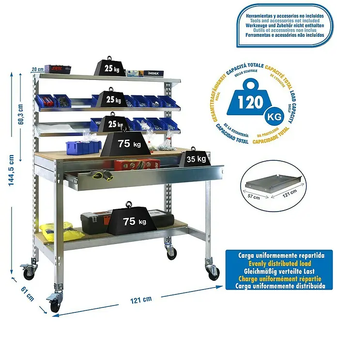Simonrack Simonwork Banco de trabajo BT1 Box Mobile - L x An: 61 x 121 cm, Altura de trabajo: 152 cm, Carga soportada: 120 kg, Galvanizado - Banco de trabajo representado con cajón y estantes, con una capacidad de carga de hasta 120 kg. Herramientas no incluidas.