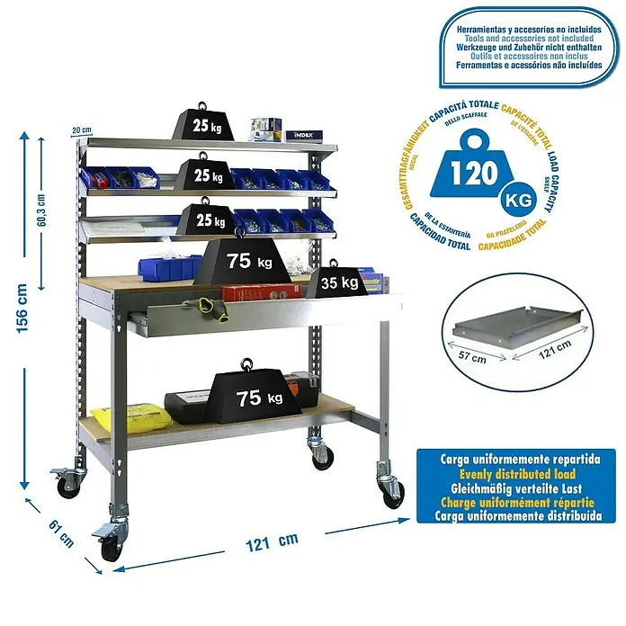 Simonrack Simonwork Banco de trabajo BT1 Box Mobile - L x An: 61 x 121 cm, Altura de trabajo: 152 cm, Carga soportada: 120 kg, Gris - Vista del producto de un banco de trabajo móvil con un cajón y estantes, cargado con pesos para demostrar su capacidad de carga.