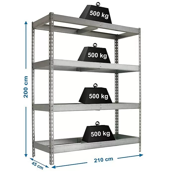 Simonrack Simonforte Estantería para cargas pesadas - Al x An x Pr: 200 x 210 x 90 cm, Número de baldas: 4 ud., Inserción, Galvanizado, Capacidad de carga por balda: 600 kg - Estantería metálica robusta de acero galvanizado, 200x210x45 cm, con cuatro baldas que soportan 500 kg cada una.