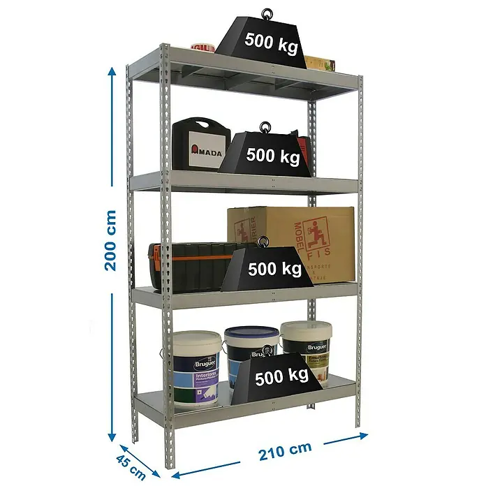 Simonrack Simonforte Schwerlastregal Simonforte Metall - H x B x T: 200 x 210 x 45 cm, Traglast pro Boden: 500 kg, Anzahl Böden: 4 Stk., Stecken, Silber/Silber - Abbildung eines grauen Metallregals mit vier Ebenen, das mit verschiedenen Gegenständen und Gewichten von 500 kg beladen ist.