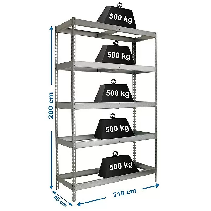 Simonrack Simonforte Estantería para cargas pesadas - Al x An x Pr: 200 x 210 x 45 cm, Número de baldas: 5 ud., Inserción, Galvanizado, Capacidad de carga por balda: 600 kg - Estantería metálica galvanizada con 5 estantes, 200x210x45 cm. Cada estante soporta 500 kg.