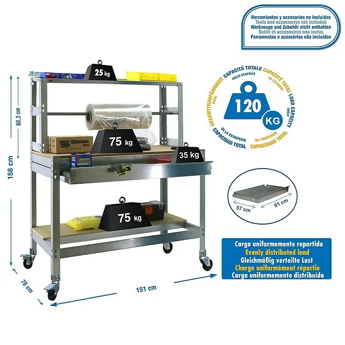 Simonrack Simonwork Banco de trabajo BT4 Box Mobile - L x An: 76 x 151 cm, Altura de trabajo: 152 cm, Carga soportada: 120 kg, Galvanizado - Imagen de un banco de trabajo con herramientas y accesorios, con una capacidad de carga de hasta 120 kg.