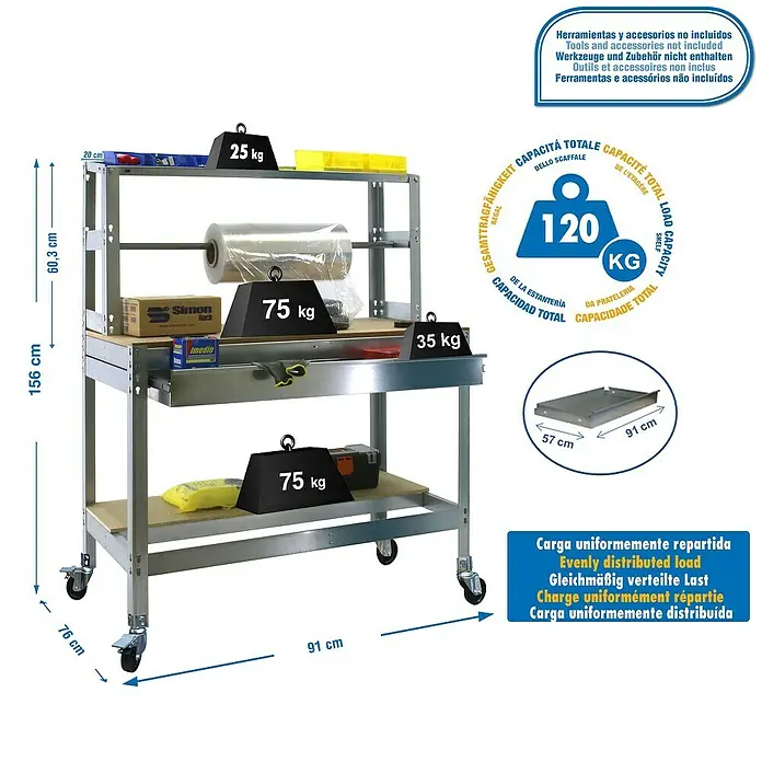 Simonrack Simonwork Banco de trabajo BT4 Box Mobile - L x An: 76 x 91 cm, Altura de trabajo: 152 cm, Carga soportada: 120 kg, Galvanizado - Imagen del producto de una mesa de embalaje con diversas indicaciones de peso y dimensiones, que ofrece alta capacidad de carga y funcionalidad.