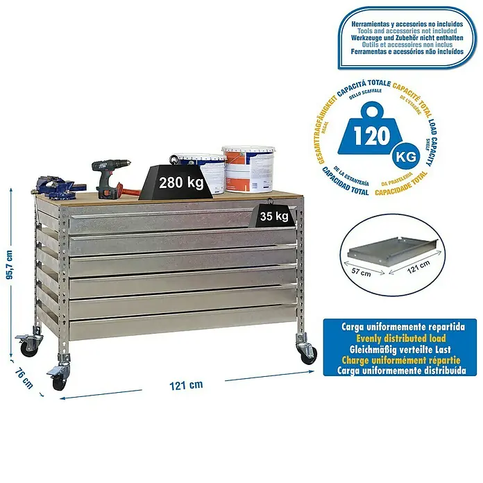 Simonrack Simonwork Banco de trabajo BT5 Box Mobile - L x An: 76 x 121 cm, Altura de trabajo: 91,7 cm, Carga soportada: 280 kg, Azul - Carro de herramientas con varios cajones, con una capacidad de carga de hasta 120 kg, incluyendo herramientas y accesorios. Dimensiones: 95,7 cm de alto, 121 cm de largo.