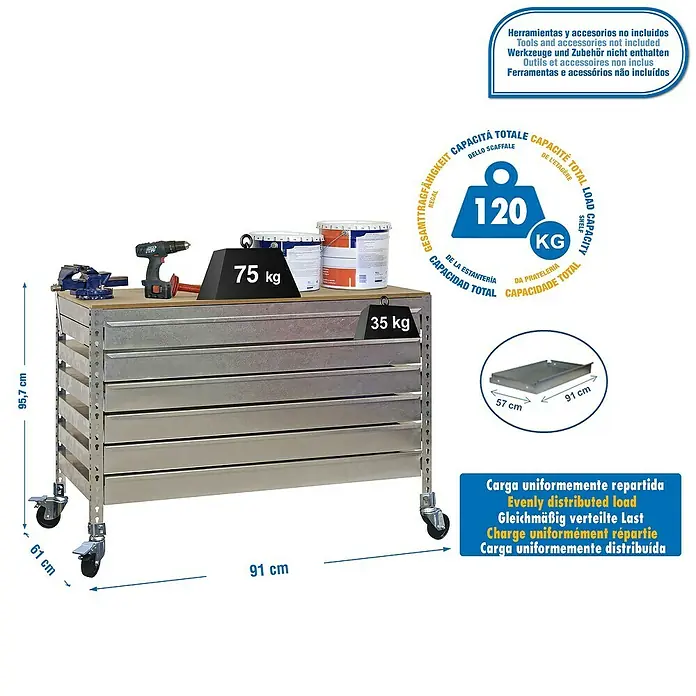 Simonrack Simonwork Banco de trabajo BT5 Box Mobile - L x An: 61 x 91 cm, Altura de trabajo: 91,7 cm, Carga soportada: 280 kg, Galvanizado - Banco de trabajo con cajones, con una capacidad de carga de 120 kg. El banco mide 95,7 cm de alto y 91 cm de largo.