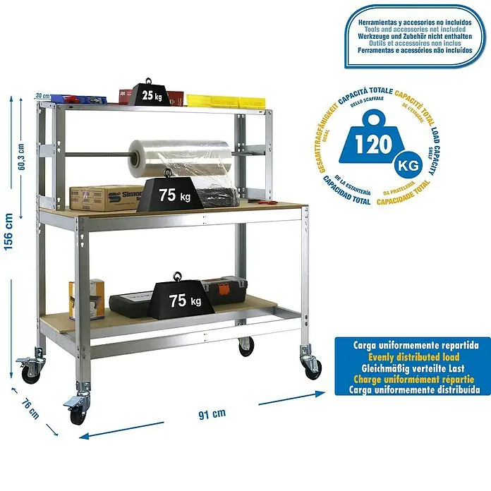 Simonrack Simonwork Banco de trabajo BT4 Mobile - L x An: 76 x 91 cm, Altura de trabajo: 152 cm, Carga soportada: 120 kg, Galvanizado - Imagen de un carro rodante con tres estantes, cargado con pesas para demostrar su capacidad de carga.
