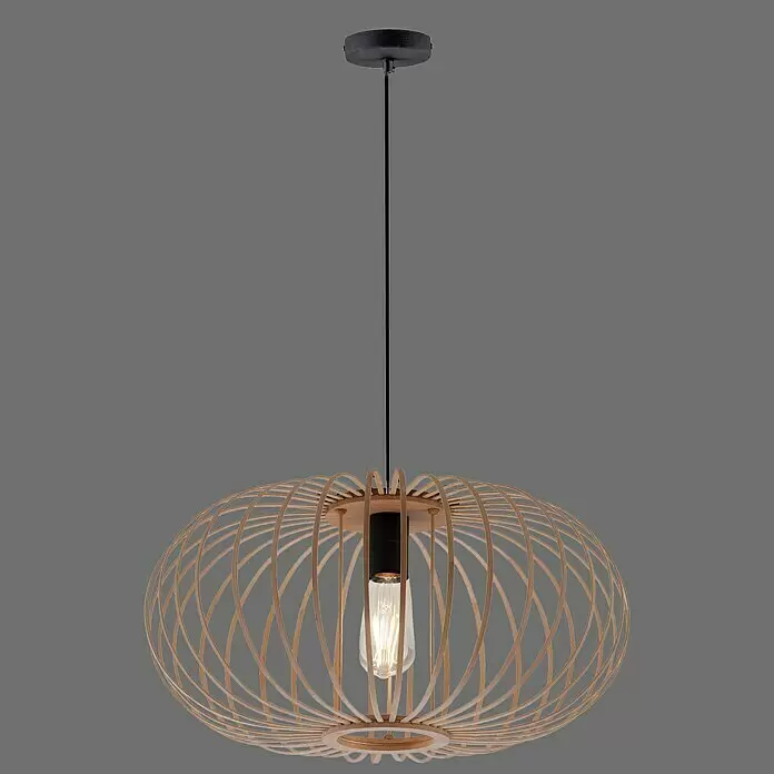 Just Light Racoon Pendelleuchte - L x B x H: 50 x 50 x 120 cm, Schwarz, natur, E27, Nicht Dimmbar - Helle Holzlampe mit ovalem Lattengeflecht, schwarzem Kabel und sichtbarem Glühfaden.