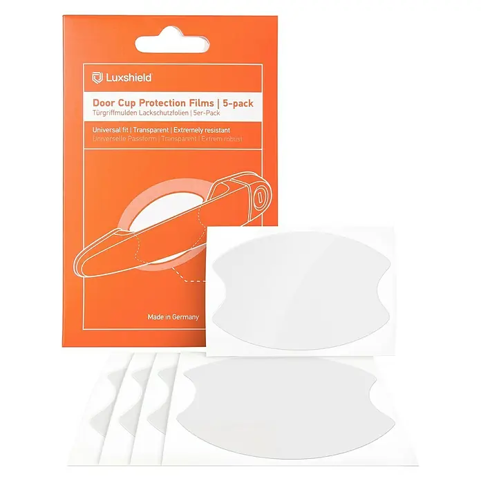 Luxshield Lackschutzfolie für PKW-Griffmulde - Kfz-Bereich - Abbildung einer Luxshield-Packung mit Türgriffschutzfolien, 5er-Pack, universell passend, transparent und extrem widerstandsfähig.