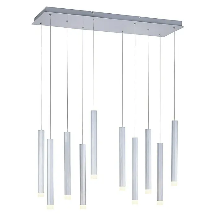 LED-Pendelleuchte Bruno - 52 W, L x B x H: 89 x 30 x 60 cm, Aluminium, Warmweiß, 10 Stk. - Moderne Pendelleuchte mit rechteckiger Chrombasis und mehreren hängenden zylindrischen Leuchten, die ein stilvolles Ambiente schaffen.