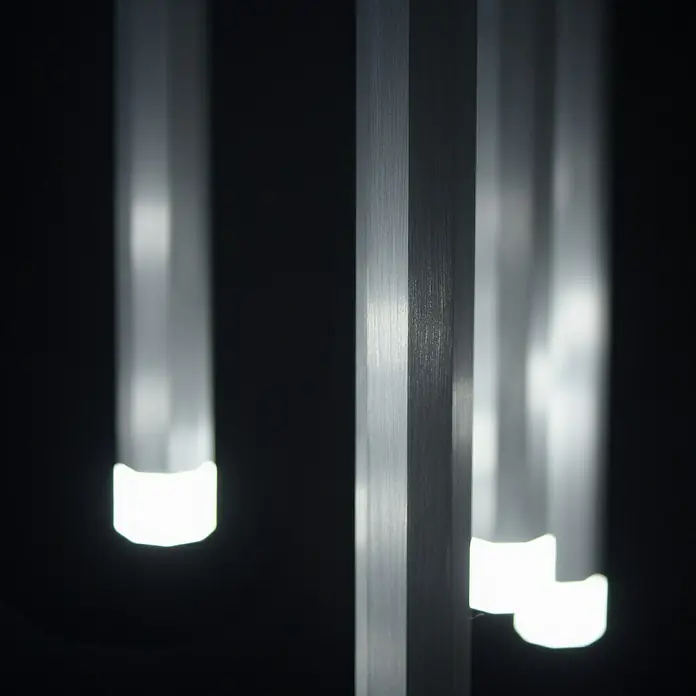 LED-Pendelleuchte Bruno - 52 W, L x B x H: 89 x 30 x 60 cm, Aluminium, Warmweiß, 10 Stk. - Nahaufnahme von hängenden LED-Leuchten, die modernes Design und minimalistische Ästhetik präsentieren. Die Beleuchtung sorgt für eine helle und fokussierte Lichtquelle.