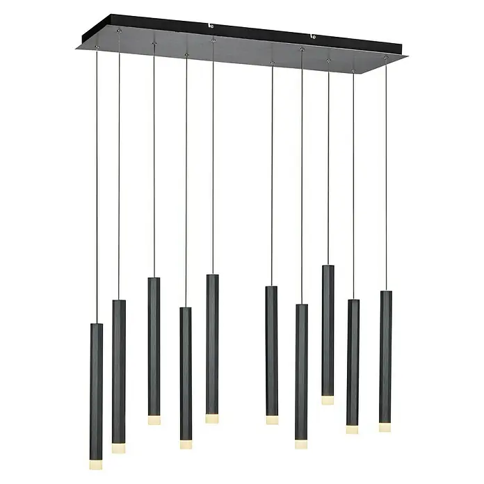 LED-Pendelleuchte Bruno - 52 W, L x B x H: 89 x 30 x 60 cm, Schwarz, Warmweiß, 10 Stk. - Moderne Pendelleuchte mit schlanken, zylindrischen Lampenschirmen in Grau und warmweißem Licht, hängt an filigranen Stahlseilen.