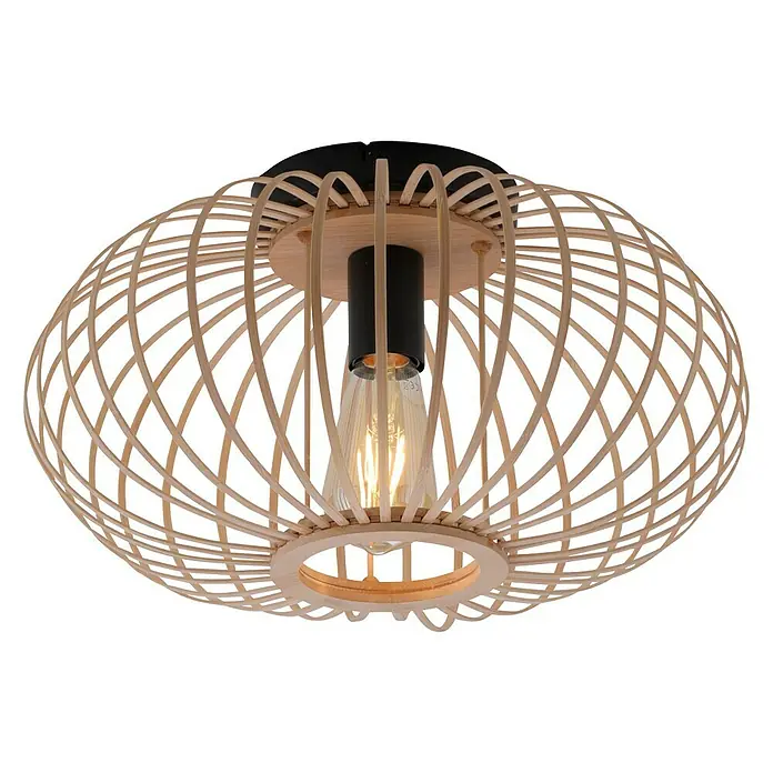 Just Light Racoon Deckenleuchte - 40 W, L x B x H: 40 x 40 x 23 cm, Natur, E27 - Elegante Deckenleuchte mit einem Lampenschirm aus hellem Holz in Korbform und einer Glühbirne. Die Lampe sorgt für warmes Licht.