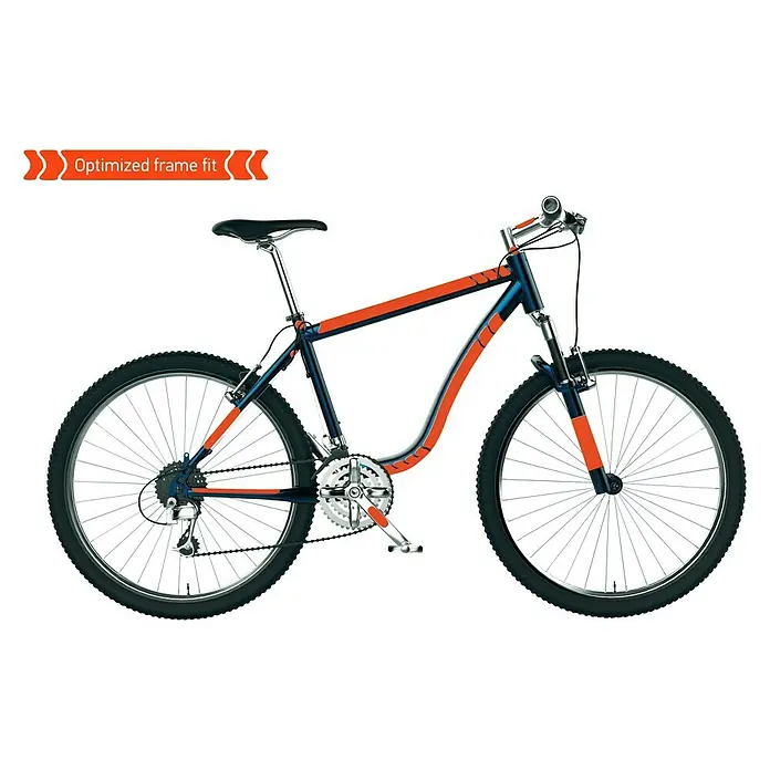 Luxshield Lackschutzfolie für Fahrräder - 5 -tlg. - Ein blau-oranges Mountainbike mit dem Text "Optimierte Rahmenanpassung" für optimalen Komfort und Leistung im Gelände.