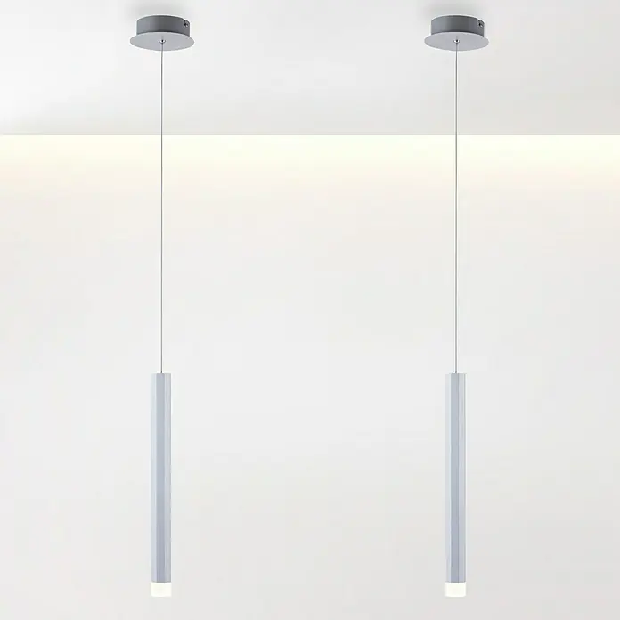 LED-Pendelleuchte Bruno - 6 W, L x B x H: 12 x 12 x 60 cm, Aluminium, Warmweiß, 1 Stk. - Zwei moderne graue Pendelleuchten mit zylindrischem Design, die von der Decke hängen, für eine stilvolle Beleuchtung.
