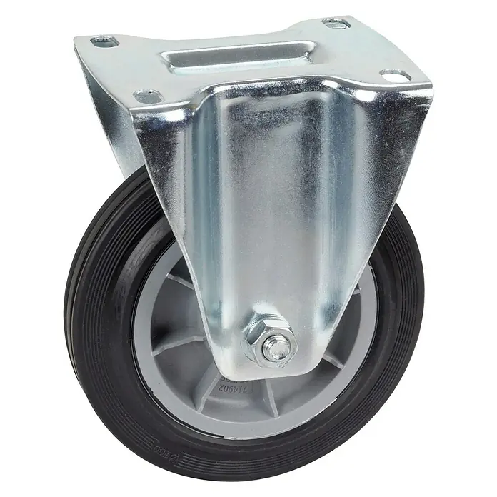 Dörner & Helmer Transportgeräte-Bockrolle - Durchmesser Rollen: 160 mm, Traglast: 150 kg, Rollenlager - Ein robustes Lenkrolle mit Stahlgehäuse und einem Rad mit schwarzer Gummilauffläche und grauem Kern für vielseitige Einsatzmöglichkeiten.