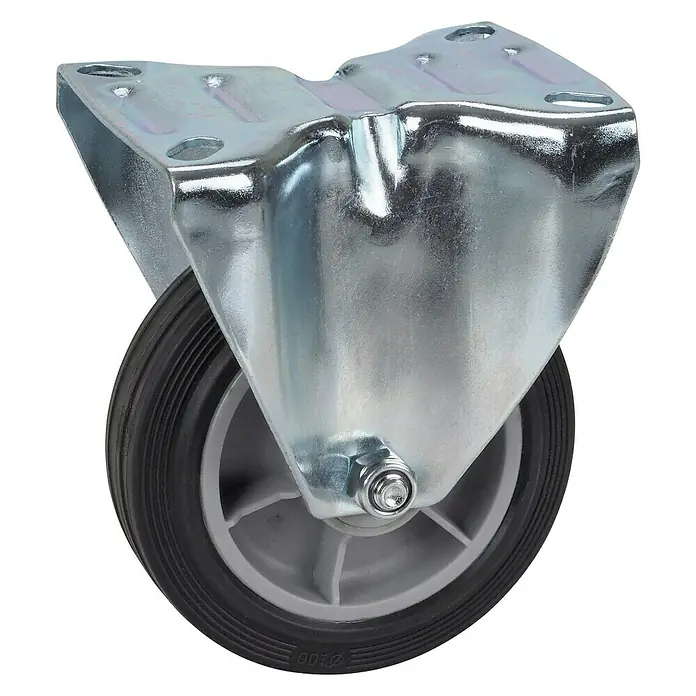 Dörner & Helmer Transportgeräte-Bockrolle - Durchmesser Rollen: 100 mm, Traglast: 70 kg, Rollenlager - Eine Nahaufnahme eines robusten Schwerlastrades mit grauer Felge und schwarzem Reifen, montiert an einer Metallhalterung.