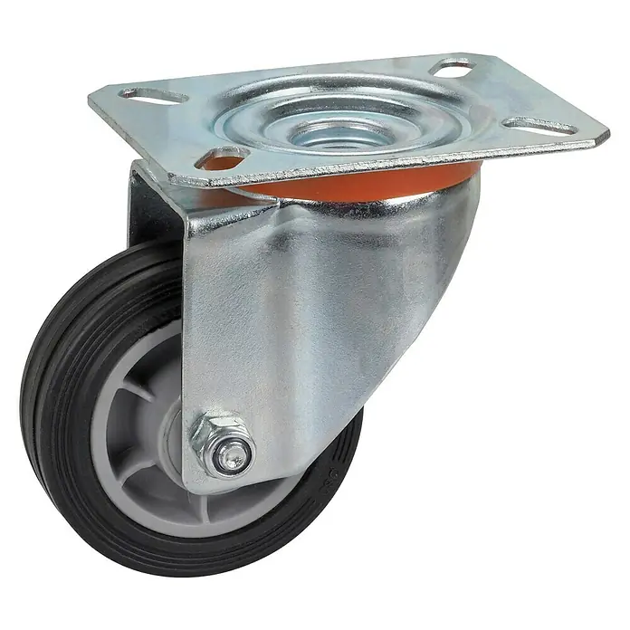 Transportgeräte-Lenkrolle - Traglast: 50 kg, Rollenlager, Mit Platte - Schwenkrolle mit Stahlgehäuse, orangefarbenem Ring und grauem Rad. Ideal für Möbel oder Industrieanwendungen.
