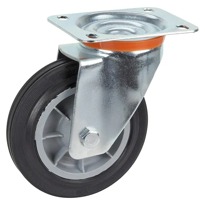 Dörner & Helmer Transportgeräte-Lenkrolle - Durchmesser Rollen: 160 mm, Traglast: 150 kg, Rollenlager, Mit Platte - Lenkrolle mit Montageplatte und grauem Radstern. Solide Bauweise für vielfältige Anwendungen in Werkstatt und Lager.