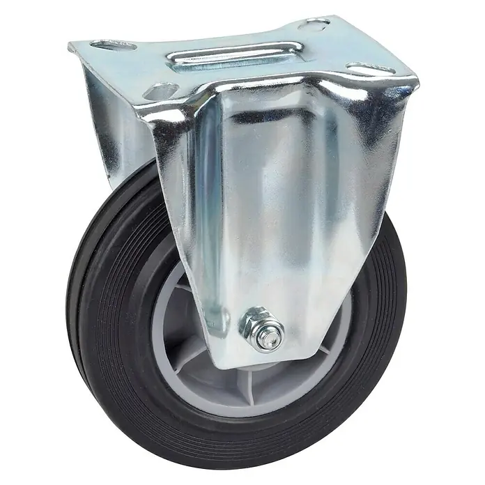 Dörner & Helmer Transportgeräte-Bockrolle - Durchmesser Rollen: 125 mm, Traglast: 100 kg, Rollenlager - Nahaufnahme eines Rollenrades mit schwarzem Reifengummi und einem silbernen Metallgehäuse auf schwarzem Hintergrund.