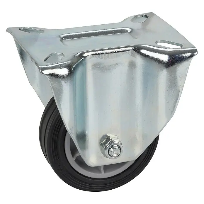 Dörner & Helmer Transportgeräte-Bockrolle - Durchmesser Rollen: 80 mm, Traglast: 50 kg, Rollenlager - Ein robustes Lenkrolle mit einer verzinkten Stahlhalterung und einem schwarzen Gummirad für den industriellen Einsatz.