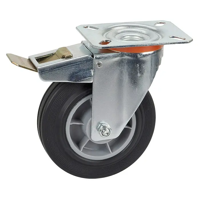 Dörner & Helmer Transportgeräte-Lenkrolle - Durchmesser Rollen: 125 mm, Traglast: 100 kg, Rollenlager, Mit Platte und Feststeller - Bild einer Schwerlastrolle mit Bremse, ideal für den Einsatz in Industrie und Gewerbe. Robuste Ausführung für hohe Belastungen.