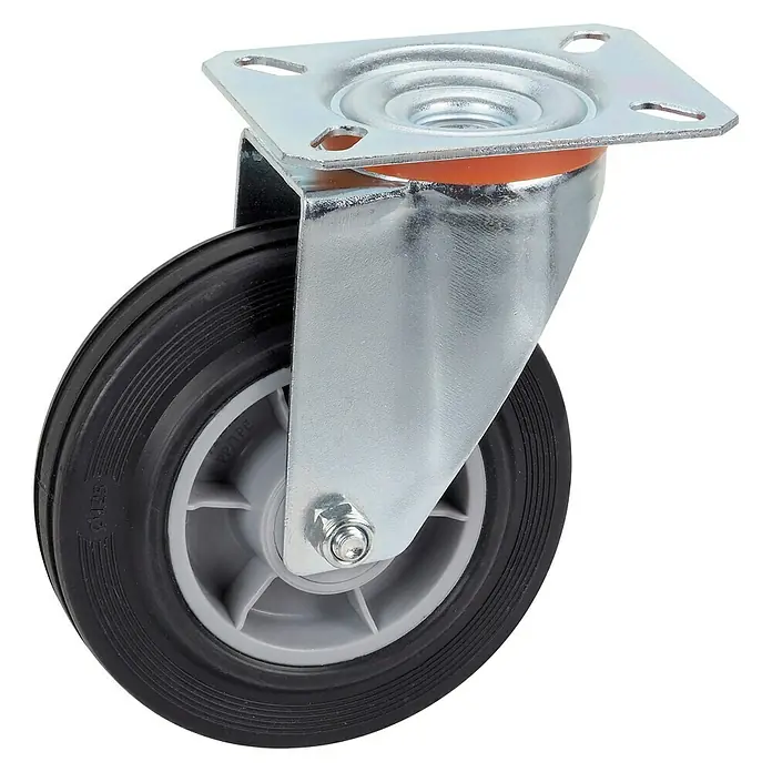 Dörner & Helmer Transportgeräte-Lenkrolle - Durchmesser Rollen: 125 mm, Traglast: 100 kg, Rollenlager, Mit Platte - Rollenlager mit schwarzem Rad und Metallhalterung. Robuste Ausführung für vielfältige Anwendungen im Lager und Transport.