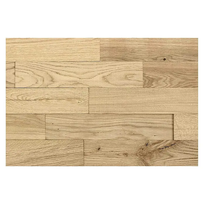 Wodewa Holzriemchen 400 Eiche rustikal - 400 x 80 mm, Stärke: 2 mm - 6 mm, Unbehandelt, Selbsklebend - Nahaufnahme einer Holzverkleidung mit verschiedenen Holzarten und Texturen, die ein natürliches und warmes Ambiente ausstrahlen.