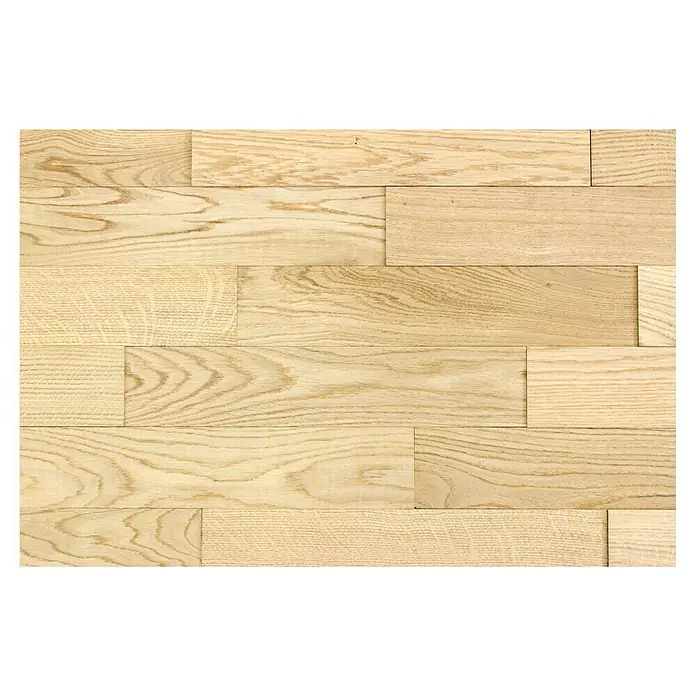 Wodewa Holzriemchen 400 Eiche Natur - 400 x 80 mm, Stärke: 2 mm - 6 mm, 32 Stk., 1 m², Unbehandelt, Selbsklebend - Detailaufnahme eines hellen Holzpaneels mit deutlicher Maserung, ideal für moderne Innenräume.
