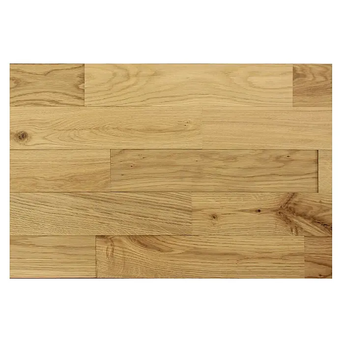 Wodewa Holzriemchen 400 Eiche rustikal - 400 x 80 mm, Stärke: 2 mm - 6 mm, UV-geölt, Selbsklebend - Nahaufnahme von hellbraunem Eichenparkett, das die natürliche Maserung und die warmen Farbtöne des Holzes hervorhebt.