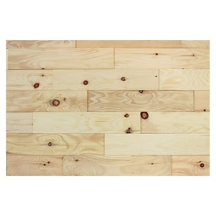 Wodewa Holzriemchen 400 Zirbe - 400 x 80 mm, Stärke: 2 mm - 6 mm, 32 Stk., 1 m², Verklebung - Helles Holzpaneel mit Astlöchern, das eine natürliche und rustikale Ästhetik verleiht, ideal für Wandverkleidungen und Möbelbau.