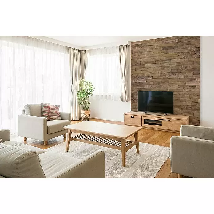 Wodewa Holzriemchen 400 Nussbaum - 400 x 80 mm, Stärke: 2 mm - 6 mm, 32 Stk., 1 m², Selbsklebend, Unbehandelt - Stimmungsaufnahme