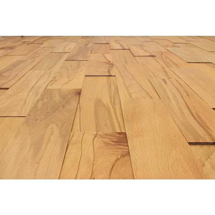 Wodewa Holzriemchen 400 Buche Living - 400 x 80 mm, Stärke: 2 mm - 6 mm, 32 Stk., 1 m², Verklebung - Nahaufnahme eines unregelmäßigen Musters aus hellbraunen Holzfliesen, das eine einzigartige und strukturierte Oberfläche schafft.