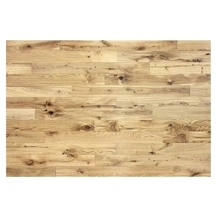 Wodewa Holzriemchen 1000 Eiche rustikal - 1.000 x 100 mm, Stärke: 3 mm - 6 mm, Selbsklebend, UV-geölt - Helles Holzbodenmuster mit Astlöchern und Maserung für einen natürlichen Look. Ideal für warme Innenräume mit rustikalem Charme.