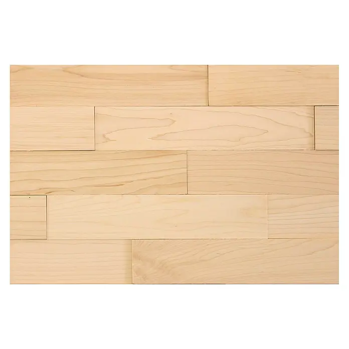Wodewa Holzriemchen 400 Ahorn - 400 x 80 mm, Stärke: 2 mm - 6 mm, 32 Stk., 1 m², UV-geölt, Selbsklebend - Nahaufnahme von hellem Ahornparkett mit natürlichen Holzmaserungen und warmen Farbtönen, ideal für moderne Inneneinrichtungen.