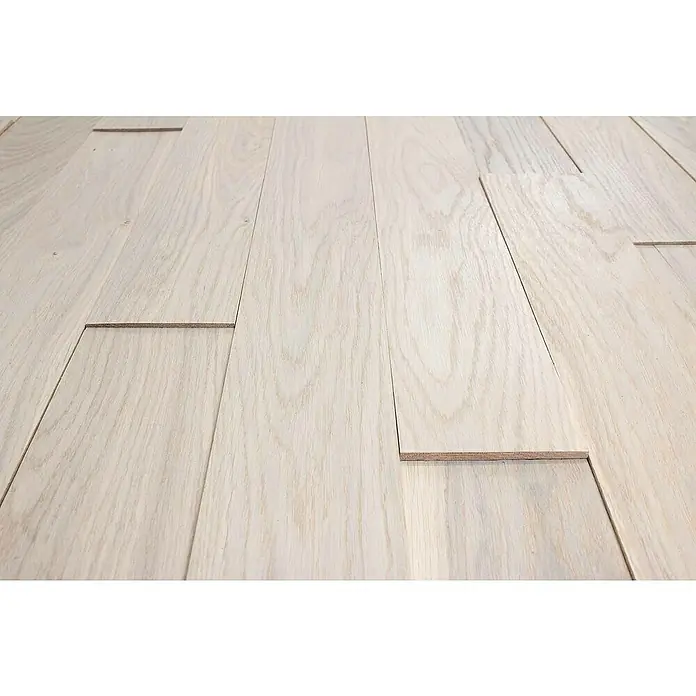 Wodewa Holzriemchen 1000 Eiche Arctic - 1.000 x 100 mm, Stärke: 3 mm - 6 mm, 10 Stk., 1 m², Verklebung - Helles, unbehandeltes Parkett mit subtilen Holzmaserungen und variierenden Dielenlängen für ein natürliches Ambiente.