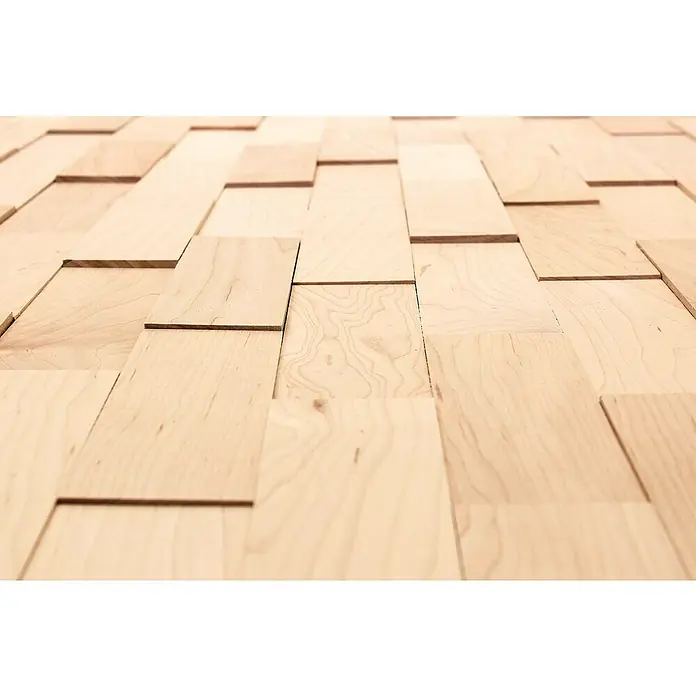 Wodewa Holzriemchen 400 Ahorn - 400 x 80 mm, Stärke: 2 mm - 6 mm, 32 Stk., 1 m², UV-geölt, Selbsklebend - Nahaufnahme einer stilvollen Wandverkleidung aus hellem Holz, die eine moderne und natürliche Ästhetik in jeden Raum bringt.