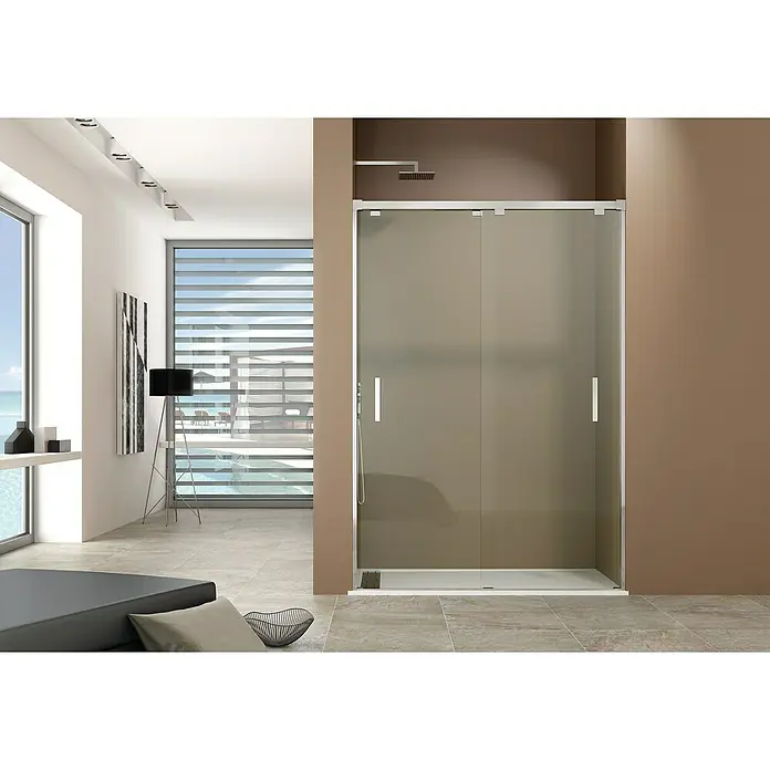 GME Mampara de ducha frontal Bypass - 140 x 190 cm, Anodizado, Espesor de vidrio: 6 mm, Plata brillo - Elegante cabina de ducha con puertas correderas en un baño moderno. Las puertas de cristal crean una sensación luminosa y abierta en el baño.
