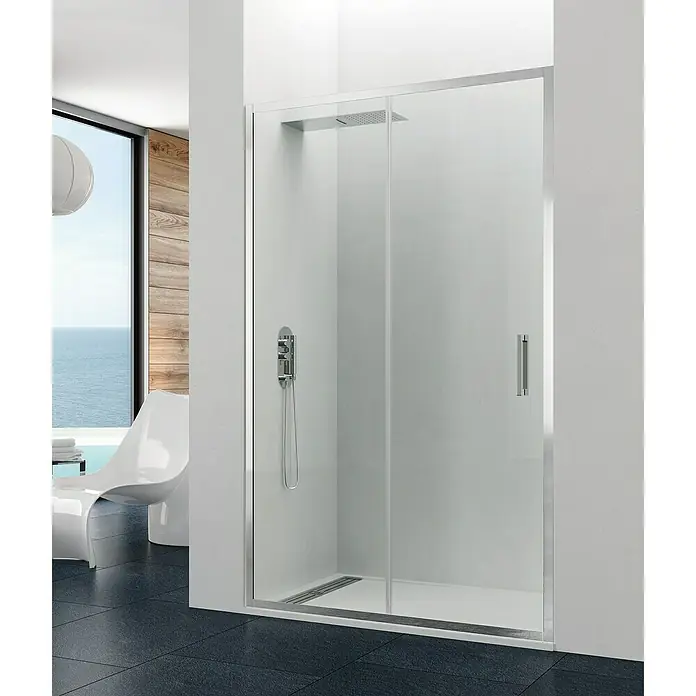 GME Mampara de ducha frontal Prestige - 100 x 195 cm, Anodizado, Espesor de vidrio: 8 mm, Plata brillo - La imagen muestra una cabina de ducha moderna con puerta corredera y diseño minimalista, ideal para un baño elegante.