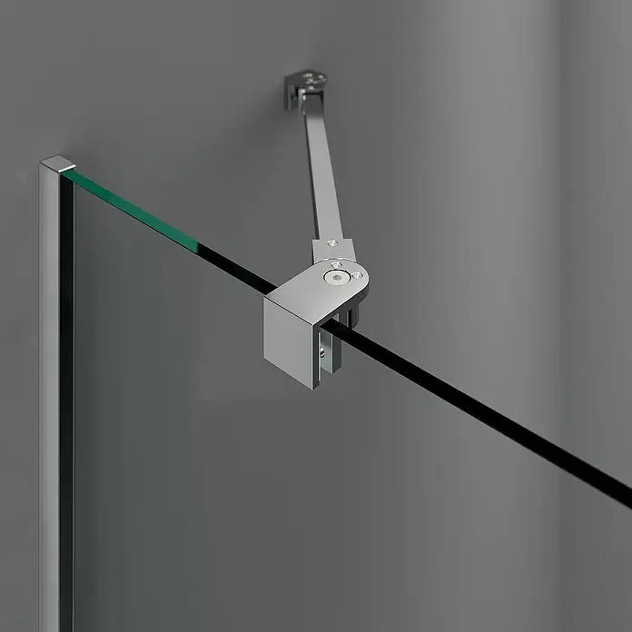 GME Brazo de agarre ajustable a la pared Screen - Ángulo de sujeción: 45 ° - 90 °, Cuadrado - Primer plano de un panel de ducha con accesorios plateados, que muestra un diseño elegante y funcionalidad.
