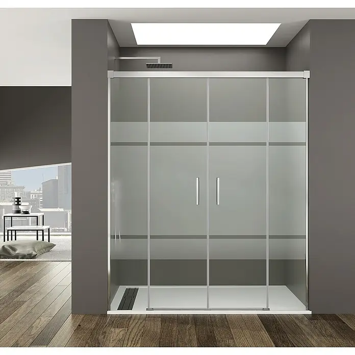 GME Mampara de ducha frontal Basic Spazio Frost - 190 x 195 cm, Espesor de vidrio: 6 mm, Plata brillo - Elegante cabina de ducha con paneles de vidrio esmerilado y herrajes plateados. Diseño moderno para baños elegantes.