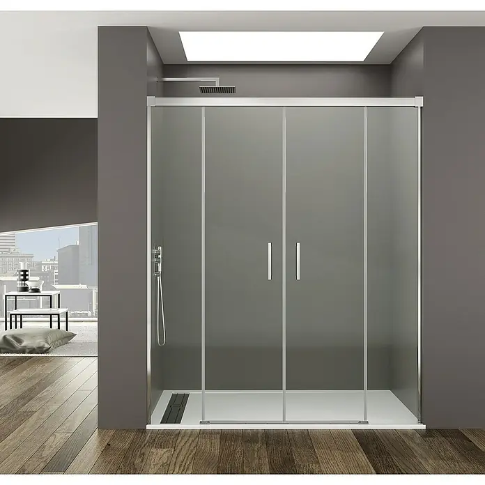 GME Mampara de ducha frontal Basic Spazio - 150 x 195 cm, Vidrio transparente, Longitud regulable: 142 cm - 152 cm, Plata brillo - Elegante cabina de ducha con puertas correderas. Diseño minimalista moderno para un baño elegante. Mejora la estética del baño.