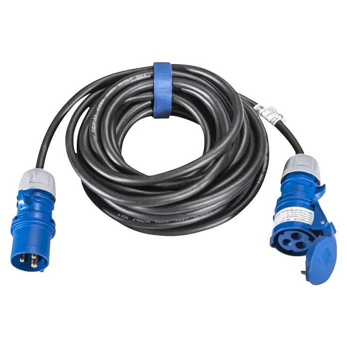 CEE-Verlängerung Caravan - H07RN-F, Anzahl Adern: 3 Stk., 2,5 mm², Länge: 10 m, 230 V, 3 Stk. - Blaues Starkstromkabel mit Stecker und Kupplung, aufgerollt und mit Kabelbinder fixiert für den sicheren Transport.