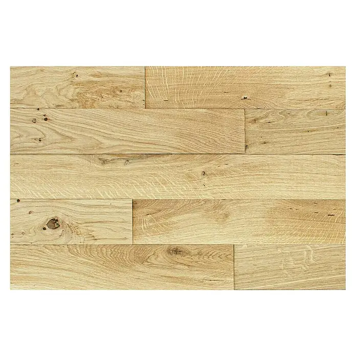 Wodewa Holzriemchen 1000 Eiche rustikal - 1.000 x 100 mm, Stärke: 3 mm - 6 mm, Selbsklebend, Strukturiert UV-geölt - Helle Eichenholzdiele mit einer natürlichen Maserung und Astlöchern für ein rustikales Erscheinungsbild, ideal für gemütliche Innenräume.