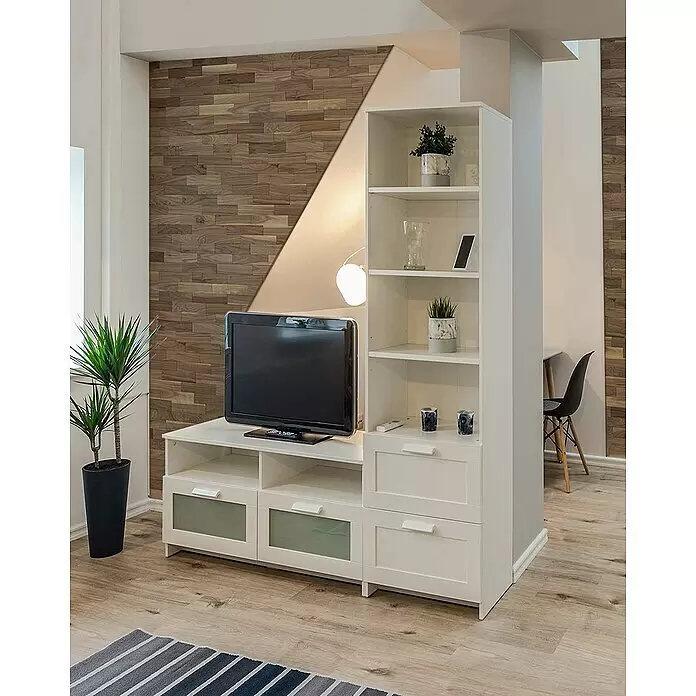 Wodewa Holzriemchen 200 Nussbaum - 100 Stk., L x B: 200 x 50 mm, 2 mm - 6 mm, Max. Anwendungsfläche: 1 m², Strukturiert unbehandelt - Stimmungsaufnahme