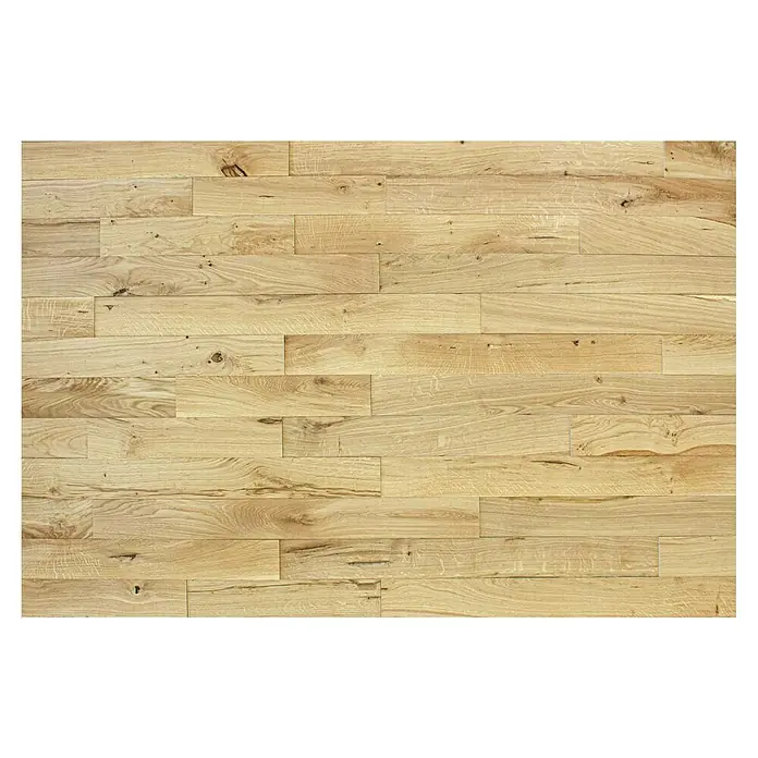 Wodewa Holzriemchen 1000 Eiche rustikal - 1.000 x 100 mm, Stärke: 3 mm - 6 mm, Selbsklebend, Strukturiert UV-geölt - Helle Holzpaneele mit natürlicher Maserung und Astlöchern. Die Holzoberfläche verleiht Wärme und Charakter. Ideal für Wandverkleidung oder Möbelbau.