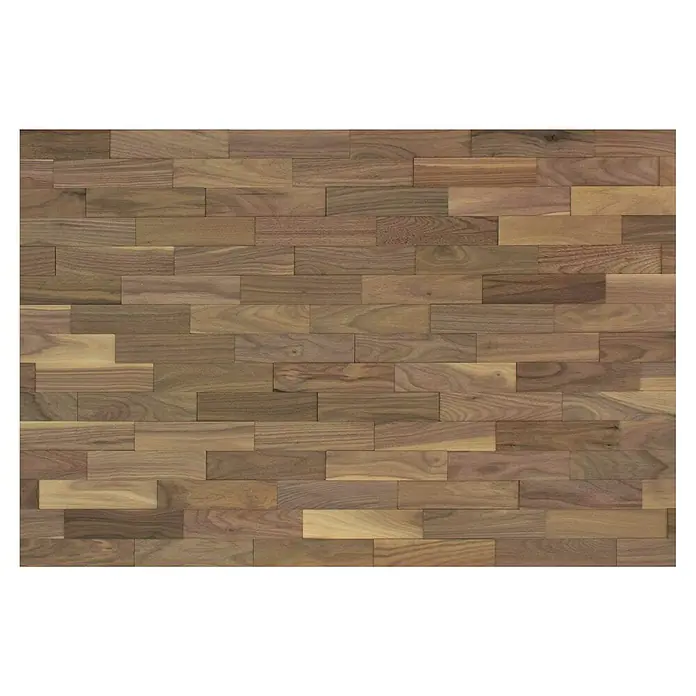 Wodewa Holzriemchen 200 Nussbaum - 100 Stk., L x B: 200 x 50 mm, 2 mm - 6 mm, Max. Anwendungsfläche: 1 m², Strukturiert unbehandelt - Eine Nahaufnahme einer Wandverkleidung aus kleinen Holzstücken, die ein warmes und natürliches Ambiente schaffen.