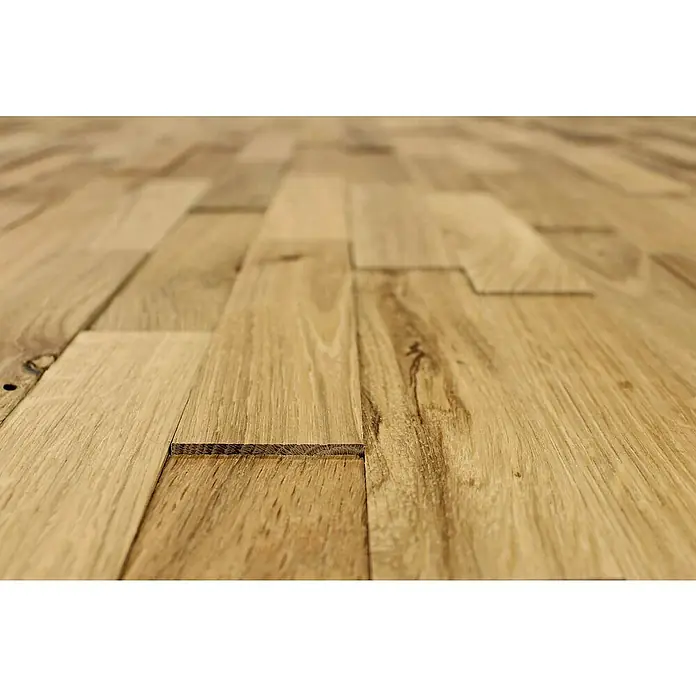 Wodewa Holzriemchen 400 Eiche rustikal - 400 x 80 mm, Stärke: 2 mm - 6 mm, Strukturiert UV-geölt, Selbsklebend - Nahaufnahme eines hellen, hölzernen Parkettbodens mit variierenden Maserungen und Texturen, die ein warmes, natürliches Ambiente schaffen.
