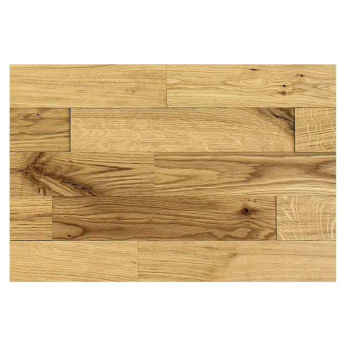 Wodewa Holzriemchen 400 Eiche rustikal - 400 x 80 mm, Stärke: 2 mm - 6 mm, Strukturiert UV-geölt, Selbsklebend - Ein Foto des Mosaikparketts aus Eiche, das mit seiner natürlichen Holzmaserung und warmen Farbtönen eine rustikale und elegante Atmosphäre schafft.